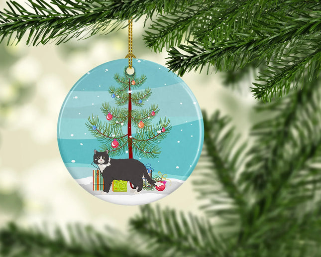 Cat Christmas ornament with festive tree and gifts, perfect pet holiday decor for cat lovers