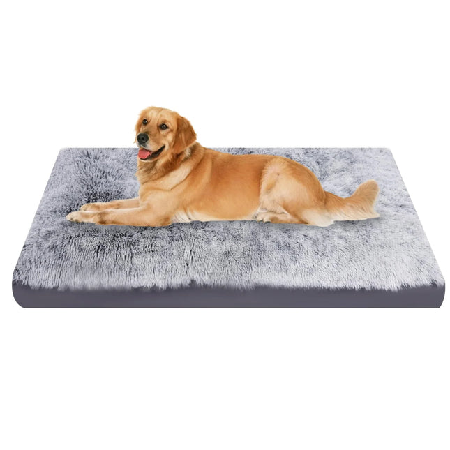 Golden retriever resting on plush gray dog bed, cozy pet accessory for comfort and relaxation