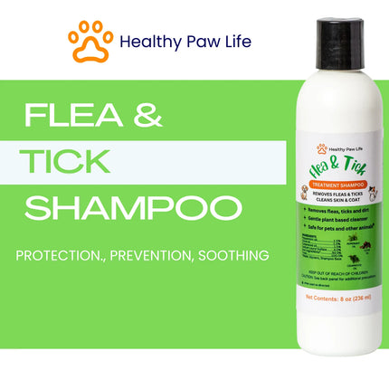 Healthy Paw Life Flea & Tick Shampoo bottle for pets against a green and white background.
