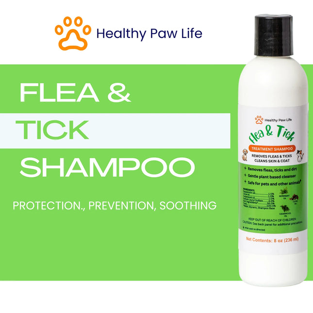 Healthy Paw Life Flea & Tick Shampoo bottle for pets against a green and white background.