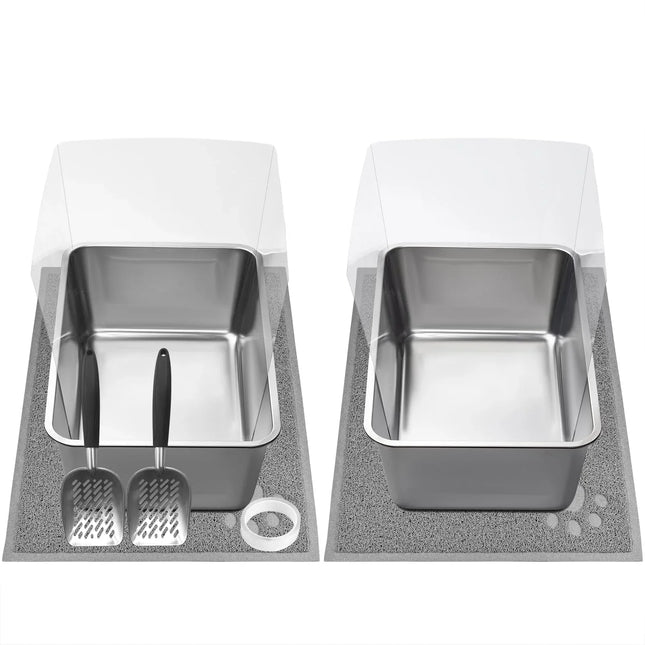 Stainless steel cat litter box with hood, mat, and scoops for clean pet care