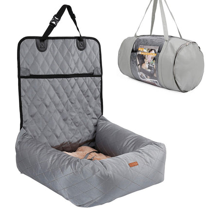 Gray quilted pet car seat with backrest and carry bag for dogs and cats