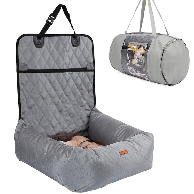 Gray quilted pet car seat with backrest and carry bag for dogs and cats