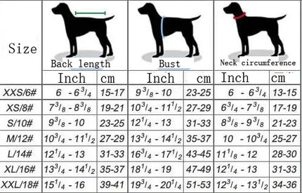 Size chart for dog dinosaur costumes showing back length, bust, and neck circumference.