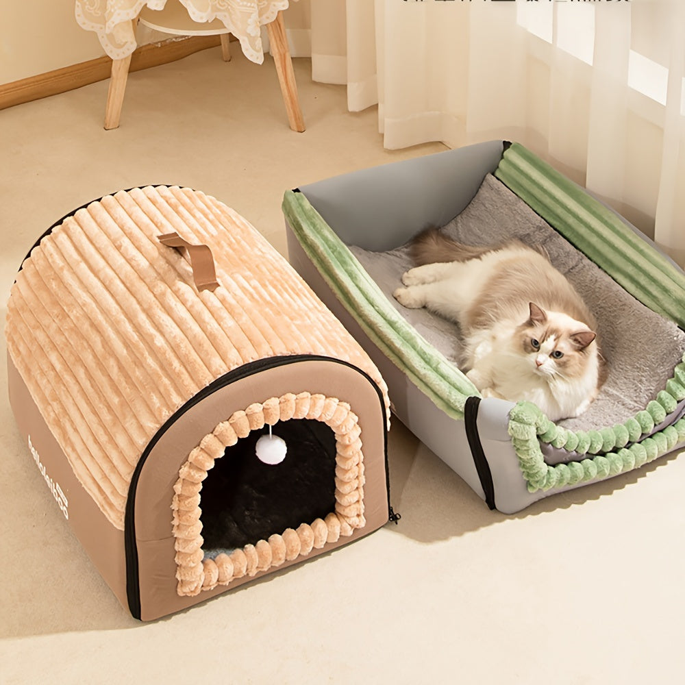 Cozy cat beds with plush textures, one hooded and one open, perfect for pet comfort and warmth.