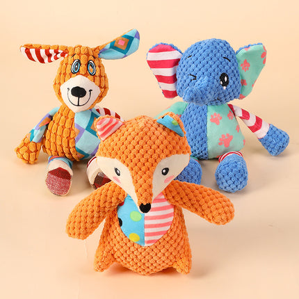 Set of three colorful plush animal toys including a fox, elephant, and kangaroo.