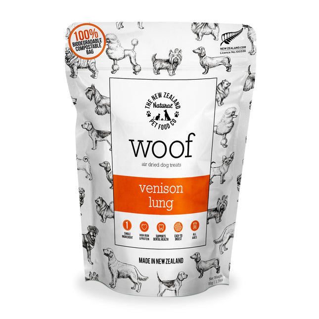 Woof air dried dog treats, venison lung flavor, single ingredient, made in New Zealand, biodegradable bag
