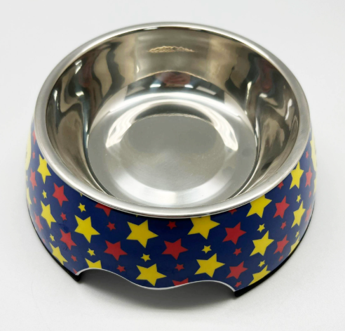 Stainless steel pet bowl with colorful star pattern, ideal for dogs and cats