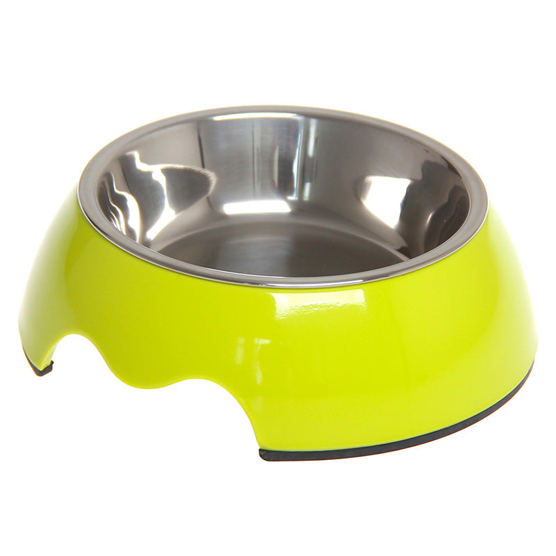 Bright green pet bowl with stainless steel interior, ideal for dogs and cats