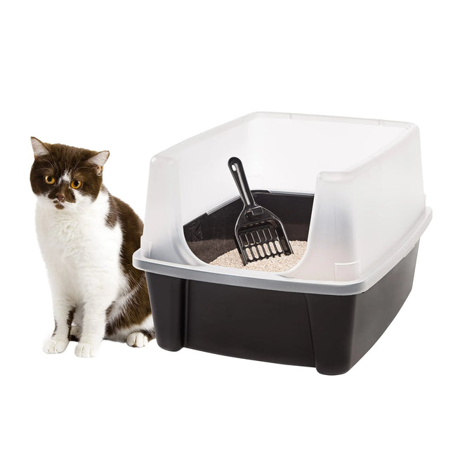 Brown and white cat beside covered litter box with scoop, ideal for pet care essentials