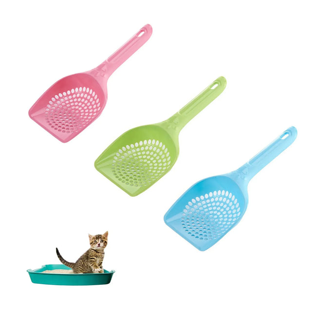 Pink, green, and blue cat litter scoops with kitten in litter box, pet care essentials