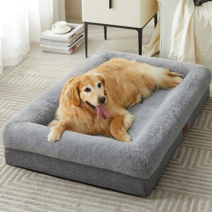 Golden Retriever lying on a gray BFPETHOME foam bolster dog bed.