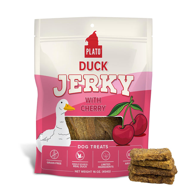 Plato Duck Jerky with Cherry dog treats, grain-free, single-source real duck, limited ingredients, air-dried