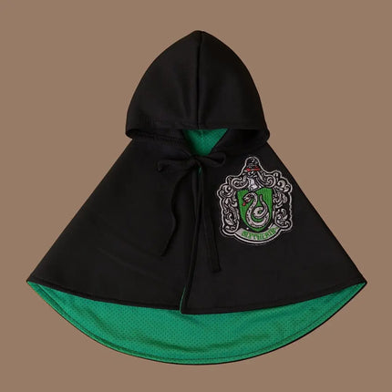 Black and green Magic Academy Cape for pets with a wizard hood and serpent emblem.