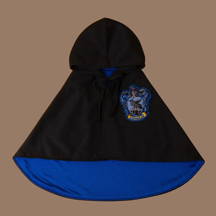 Black Magic Academy Cape for pets with blue lining and Ravenclaw crest