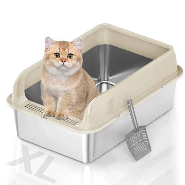Cat sitting in stainless steel litter box with scoop, ideal for pet care and hygiene