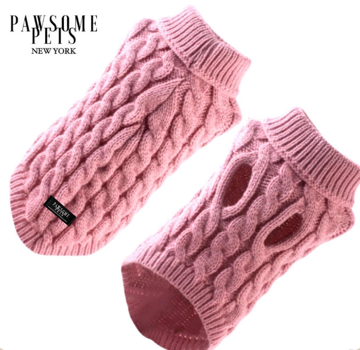 Pink cable knit pet booties with non-slip soles for dogs and cats