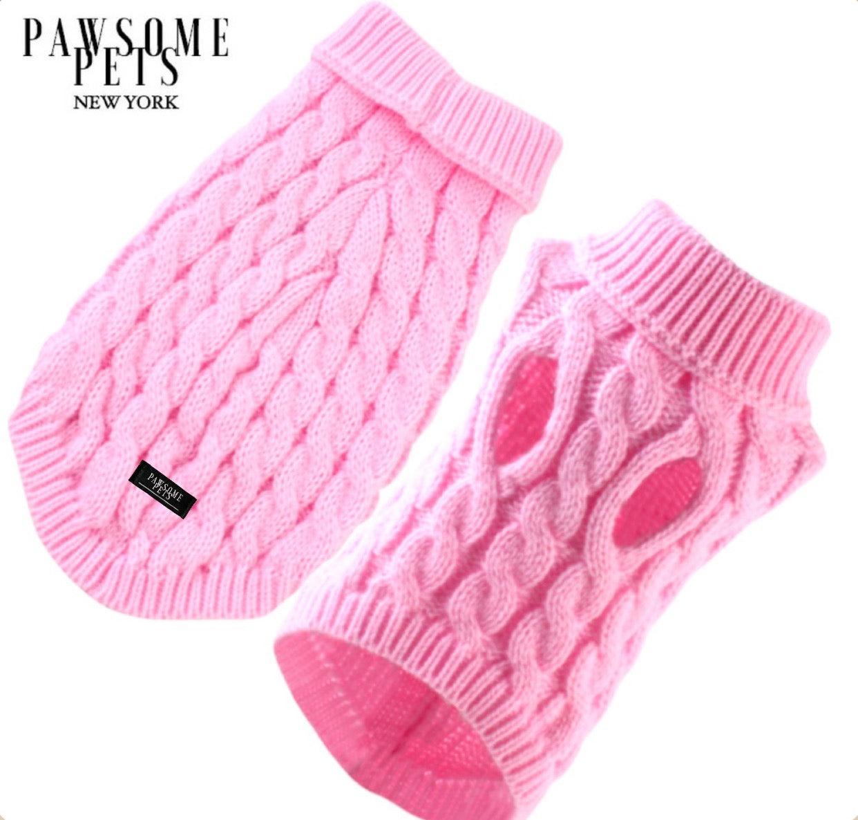 Pink cable knit pet booties with non-slip soles for dogs, cozy winter paw protection