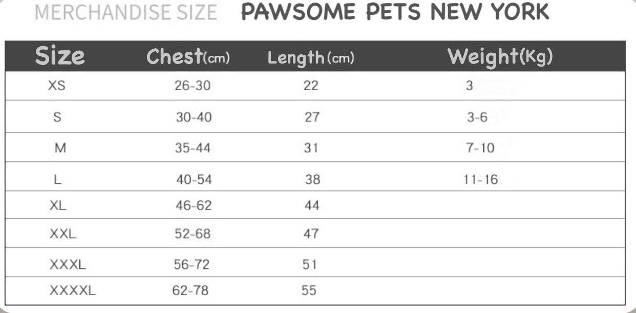 Pawsome Pets New York pet size chart for dog or cat accessories, showing chest, length, and weight measurements by size.
