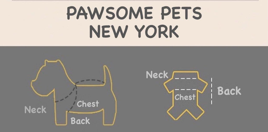 Dog harness size guide showing neck, chest, and back measurements for pet accessories