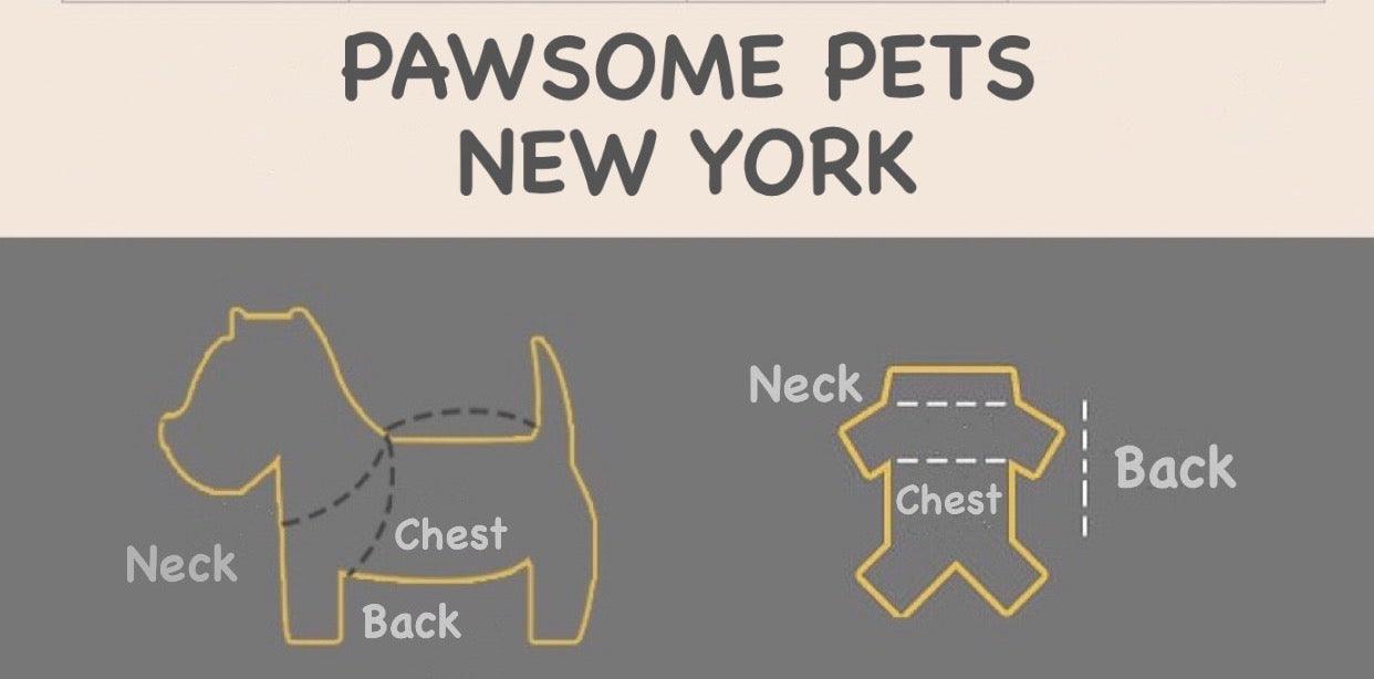 Dog size chart showing neck, chest, and back measurements for pet apparel