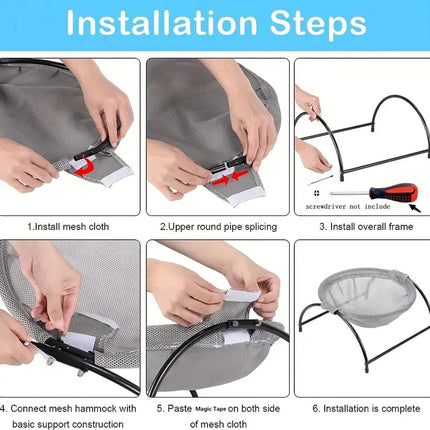 Installation steps for an elevated cat hammock bed by TM.