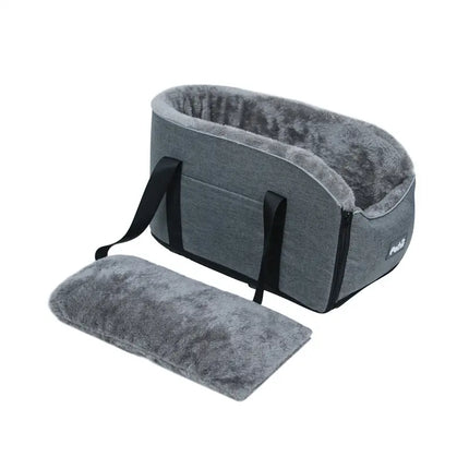 Grey Nai Pet Store center console pet travel bed with plush faux fur lining and cushion.