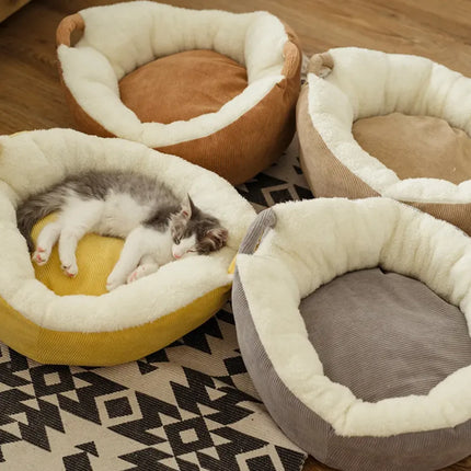 A small grey and white kitten sleeping in a yellow plush pet nest bed.