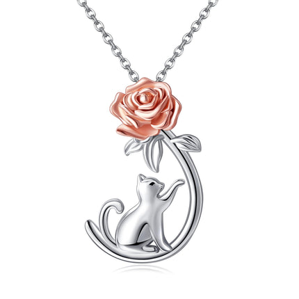 Cat Rose Pendant Necklace | 925 Sterling Silver | Gift for Cat Lovers