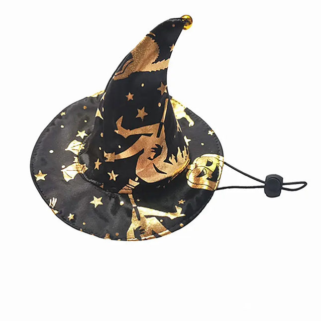 Black and gold Halloween wizard costume hat for pets with stars and mystical patterns