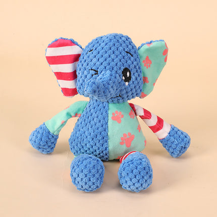 Blue plush elephant stuffed toy with colorful patterned ears and limbs.