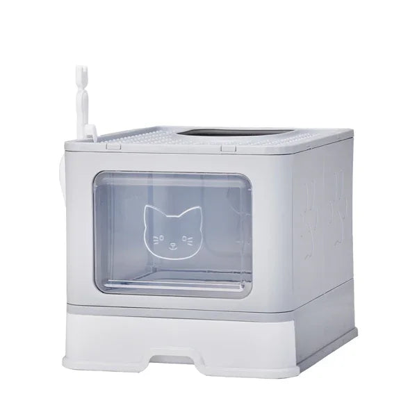 White cat litter box with transparent front panel and cat face design, ideal for indoor pet care