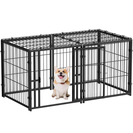 Black metal dog playpen with double doors, featuring a happy corgi inside, ideal for pet safety and exercise.