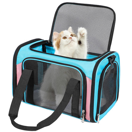 Discala Airline-Approved Soft Pet Carrier | Collapsible | Up to 15 lbs | Blue & Pink | 17"×11"×11"