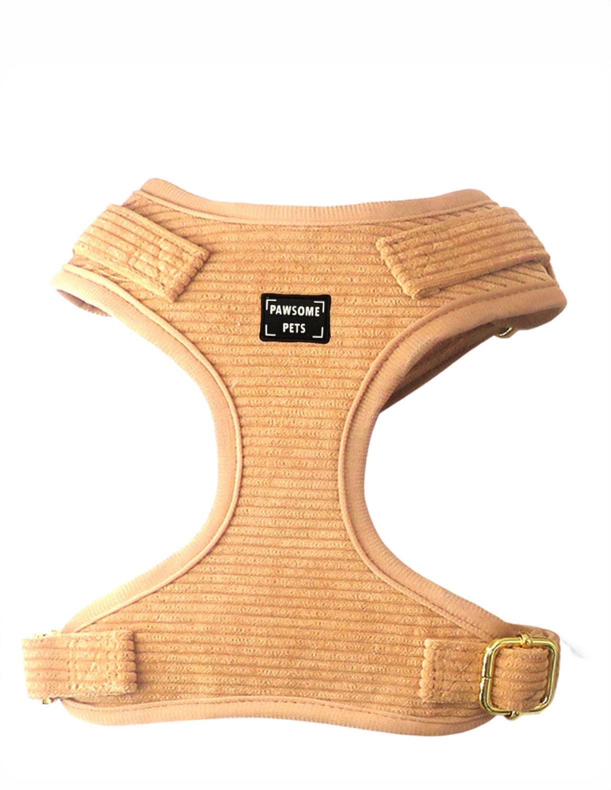 Tan ribbed dog harness with gold buckle and Pawsome Pets logo, pet accessory for comfortable walks