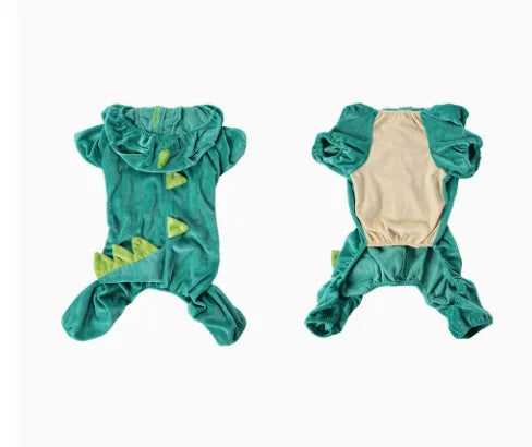 Front and back views of a green dinosaur costume for dogs by Nai Pet Store