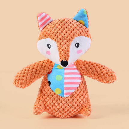 Orange textured plush fox toy with colorful patterned ears and belly.