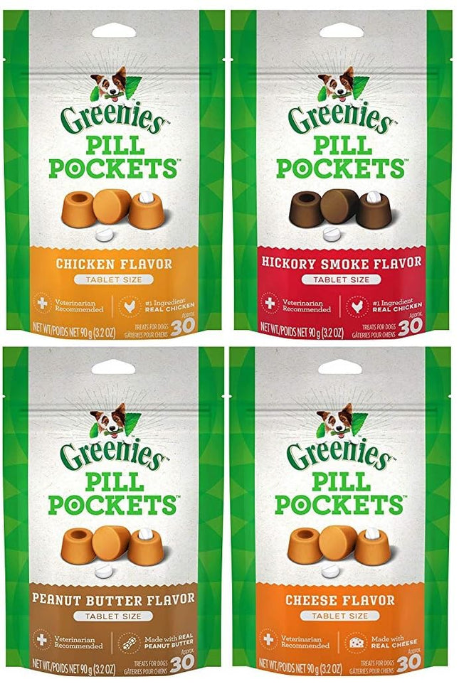 Greenies Pill Pockets for dogs in chicken, hickory smoke, peanut butter, and cheese flavors