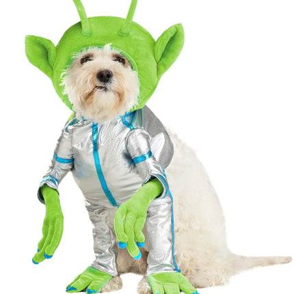 Small white dog wearing a green alien costume and silver spacesuit from Nai Pet Store