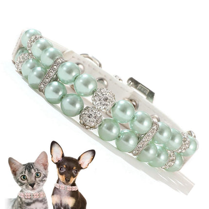 Green Pearl Dog Collar Fancy Crystal Bling Pearl Puppy Collar Rhinestone Luxury Beaded Necklace Diamond Girl Pet Jewelry for XXS XS Small Medium Female Dogs M