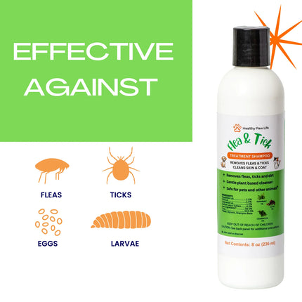 Healthy Paw Life Flea & Tick Treatment Shampoo for pets, effective against fleas, ticks, eggs, and larvae.