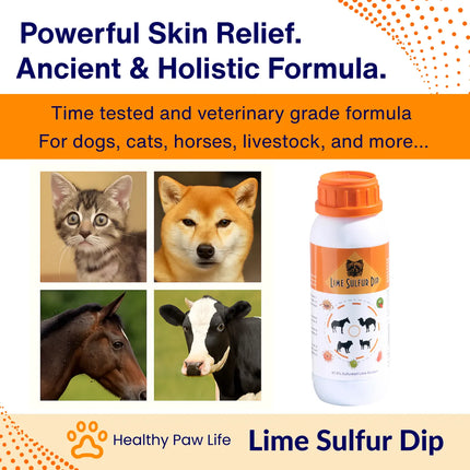 Healthy Paw Life Lime Sulfur Dip for dogs, cats, horses, and livestock.
