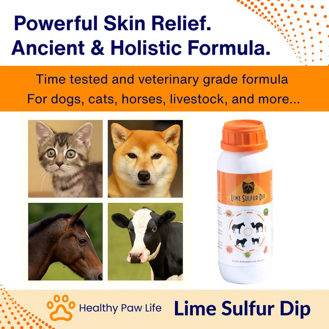 Healthy Paw Life Lime Sulfur Dip for dogs, cats, horses, and livestock.
