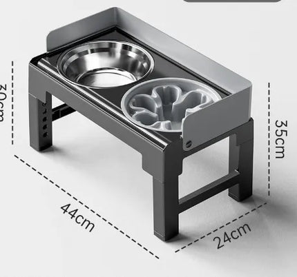 Elevated pet feeding bowl set with stainless steel and slow feeder bowls on a black stand.