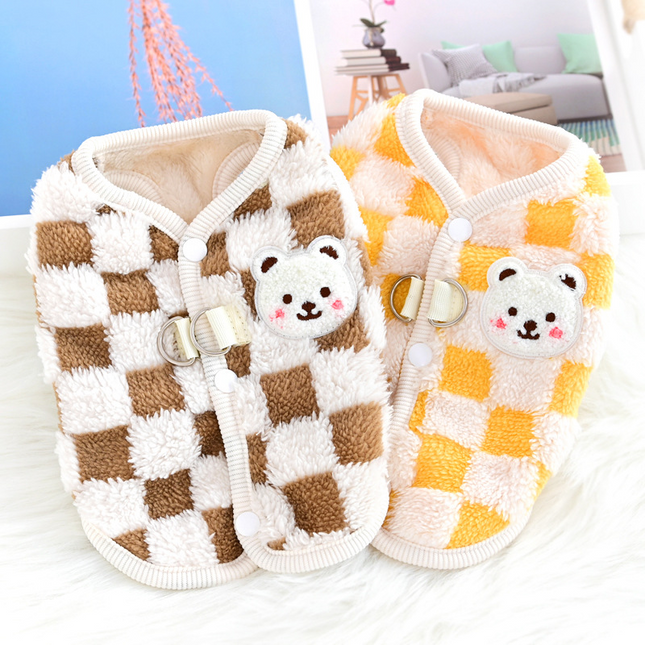 Cozy Checkered Dog Vest with Bear Patch