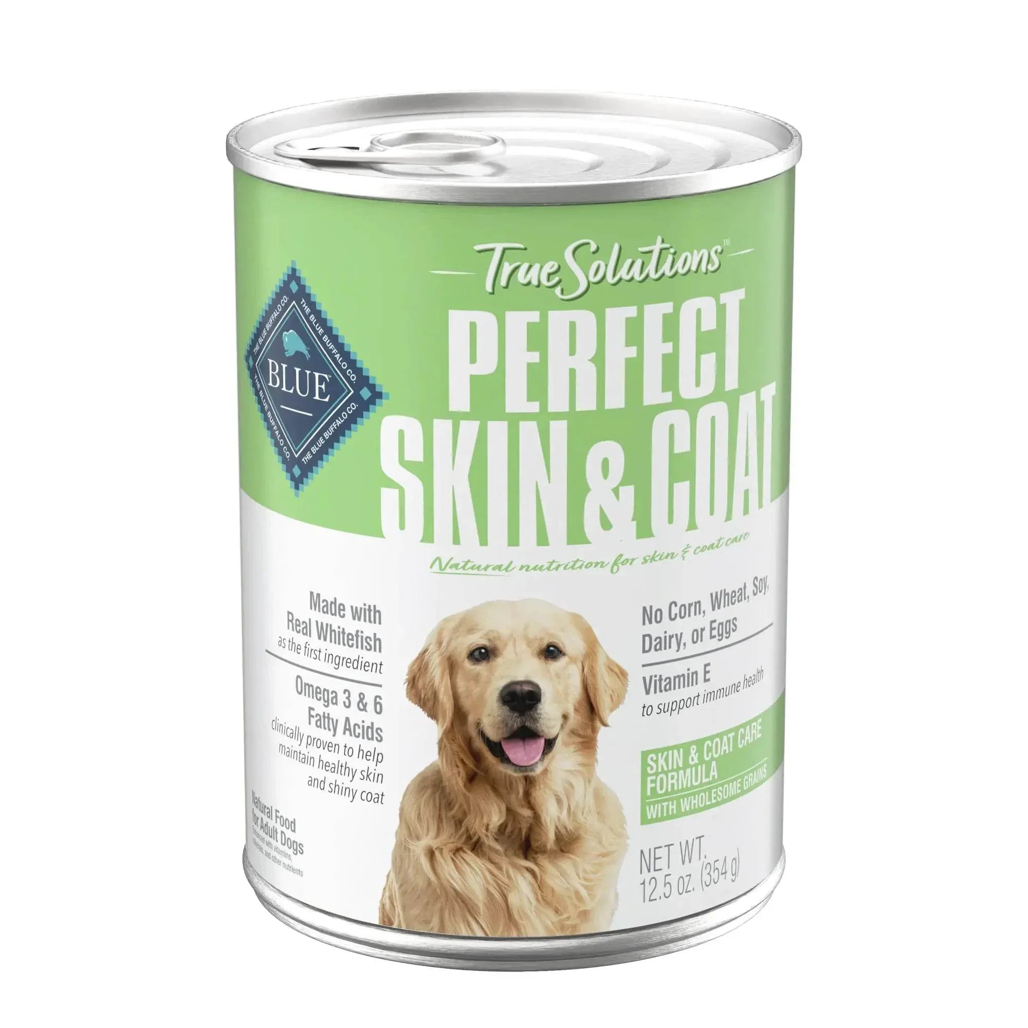 Blue Buffalo True Solutions Perfect Skin & Coat wet dog food can with real whitefish for healthy skin and shiny coat