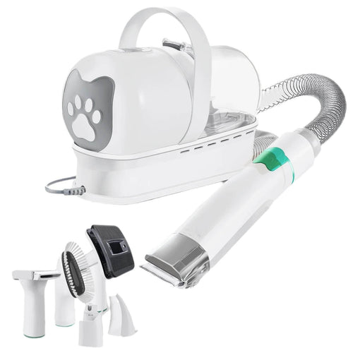 Pet grooming vacuum with attachments for dogs and cats, featuring cat paw design and flexible hose