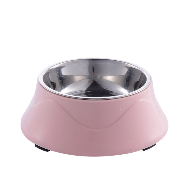 Pink pet bowl with stainless steel interior, non-slip base for dogs and cats