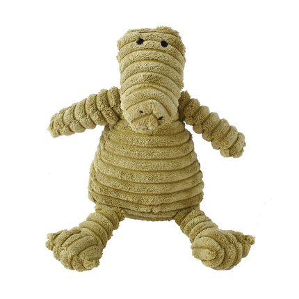Olive green ribbed plush dog toy shaped like a crocodile on a white background