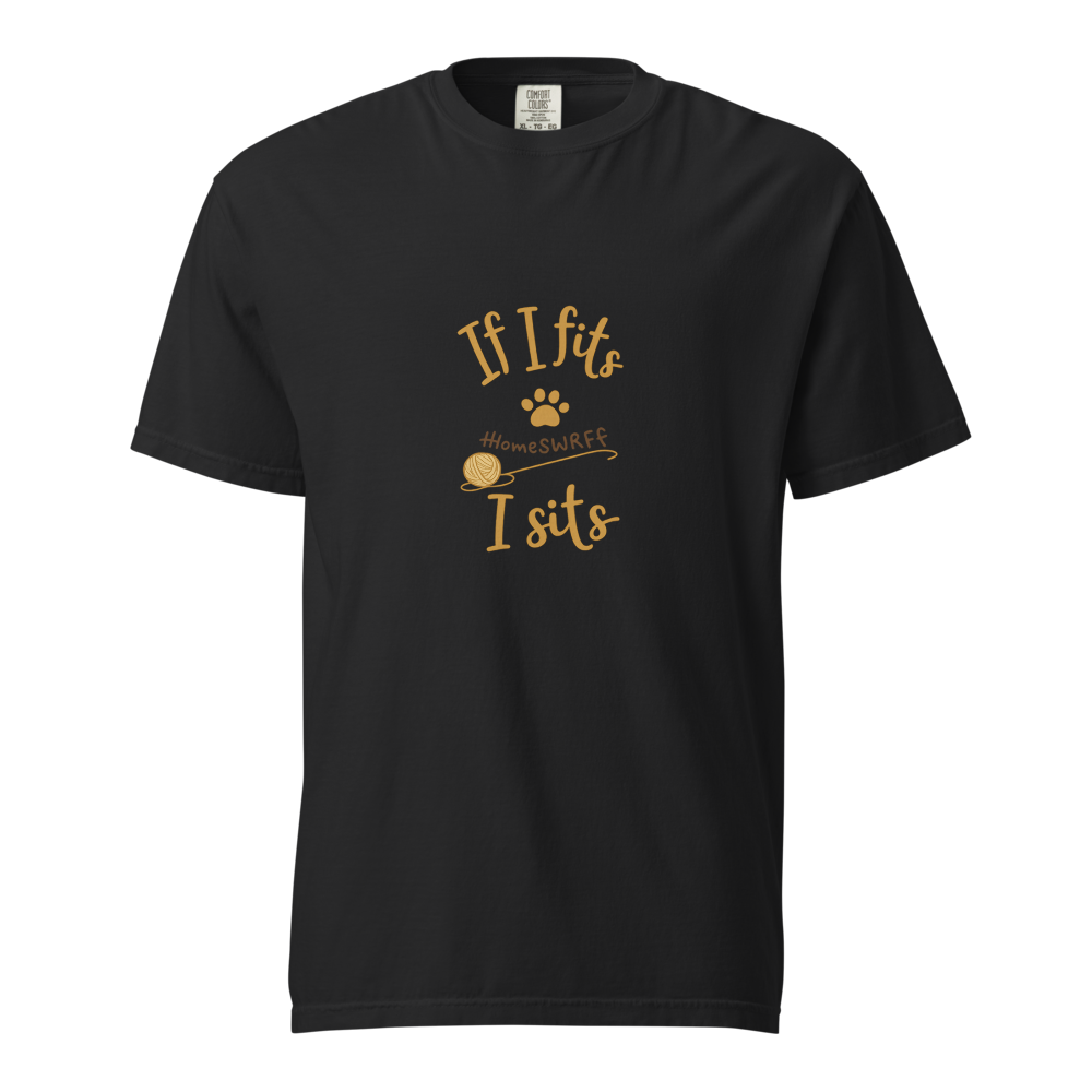 Black cat lover t-shirt with 'If I fits I sits' slogan, paw print, and yarn ball design